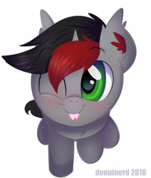 Size: 1838x2167 | Tagged: safe, artist:donutnerd, oc, oc only, oc:cinder smith, species:pony, species:unicorn, blep, blushing, chest fluff, ear fluff, fluffy, forked tongue, green eyes, happy, horn, looking up, male, offscreen character, one eye closed, pov, raised hoof, silly, smiling, solo, stallion, tongue out, wink
