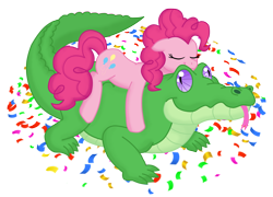 Size: 10596x7648 | Tagged: safe, artist:faitheverlasting, character:gummy, character:pinkie pie, species:earth pony, species:pony, absurd resolution, alligator, confetti, female, mare, older, ponies riding gators, riding, simple background, tongue out, transparent background