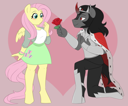 Size: 2039x1690 | Tagged: safe, artist:liziedoodle, character:fluttershy, character:king sombra, species:anthro, species:unguligrade anthro, ship:sombrashy, armor, blushing, clothing, duo, female, flower, male, rose, shipping, skirt, smiling, straight