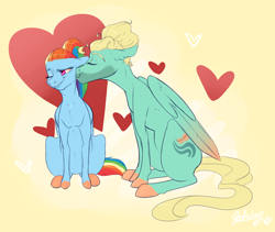 Size: 1102x928 | Tagged: safe, artist:qatsby, character:rainbow dash, character:zephyr breeze, alternate hairstyle, colored hooves, cute, female, heart, kiss on the cheek, kissing, male, ponytail, shipping, straight, zephdash