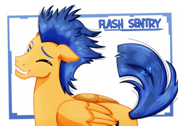 Size: 1600x1131 | Tagged: safe, artist:jotakaanimation, character:flash sentry, species:pegasus, species:pony, looking at you, male, one eye closed, smiling, solo, wink
