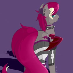 Size: 2048x2048 | Tagged: safe, artist:epicenehs, oc, oc only, oc:ichora, species:bat pony, species:changeling, changeling oc, clothing, costume, looking back, purple changeling, skeleton costume, solo, transformation