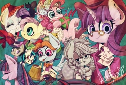 Size: 2039x1377 | Tagged: safe, artist:setoya, character:applejack, character:dj pon-3, character:fluttershy, character:octavia melody, character:pinkie pie, character:rainbow dash, character:rarity, character:snowfall frost, character:starlight glimmer, character:twilight sparkle, character:vinyl scratch, species:alicorn, species:earth pony, species:pegasus, species:pony, species:unicorn, episode:a hearth's warming tail, g4, my little pony: friendship is magic, alternate hairstyle, flutterholly, merry, mug, present, snowdash, spirit of hearth's warming past, spirit of hearth's warming presents, victrola scratch