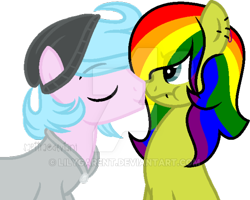 Size: 600x479 | Tagged: safe, artist:lilygarent, oc, oc only, oc:felix, oc:ranbow dance, species:earth pony, species:pony, beanie, clothing, female, hat, kissing, male, mare, rainbow hair, simple background, stallion, transparent background, watermark
