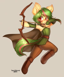 Size: 660x799 | Tagged: safe, artist:tawni-tailwind, oc, oc only, oc:ardent arrow, species:earth pony, species:pony, armpits, arrow, blushing, boots, bow (weapon), cape, clothing, colored pupils, dexterous hooves, ear fluff, femboy, frown, gray background, male, running, semi-anthro, shoes, shooting, simple background, solo, stallion, trap, weapon