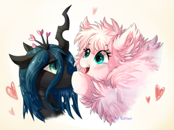 Size: 1707x1280 | Tagged: safe, artist:kaliner123, character:queen chrysalis, oc, oc:fluffle puff, species:changeling, species:pony, ship:chrysipuff, blushing, boop, canon x oc, changeling queen, cute, cutealis, female, flufflebetes, gradient background, heart, horn, lesbian, mare, shipping, signature, simple background