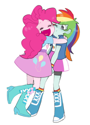 Size: 500x700 | Tagged: safe, artist:gyunyu, character:pinkie pie, character:rainbow dash, species:human, my little pony:equestria girls, boots, clothing, compression shorts, cute, cute little fangs, dashabetes, diapinkes, fangs, female, glomp, high heel boots, hug, moe, one eye closed, shoes, shorts, simple background, skirt, socks, white background
