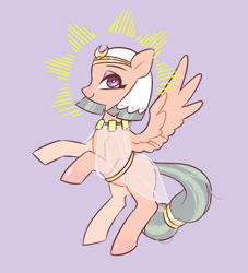 Size: 1000x1100 | Tagged: safe, alternate version, artist:dilandau203, character:somnambula, species:pegasus, species:pony, episode:shadow play, g4, my little pony: friendship is magic, clothing, female, glowpaz, halo, headdress, mare, pink background, purple background, rearing, simple background, smiling, solo, spread wings, veil, wings