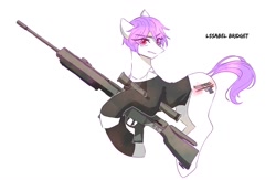 Size: 1400x914 | Tagged: safe, artist:seamaggie, oc, species:pony, clothing, eye clipping through hair, female, gun, mare, rifle, simple background, sniper rifle, transparent mane, weapon, white background