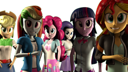 Size: 1920x1080 | Tagged: safe, artist:sharpe-fan, artist:sindroom, character:applejack, character:fluttershy, character:pinkie pie, character:rainbow dash, character:rarity, character:sunset shimmer, character:twilight sparkle, my little pony:equestria girls, 3d, humane five, humane seven, humane six, simple background, source filmmaker, transparent background, uncanny valley