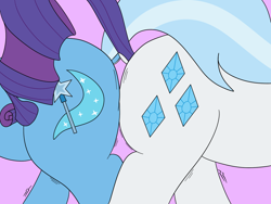 Size: 1600x1200 | Tagged: safe, artist:pavlovzdawg, character:rarity, character:trixie, species:pony, species:unicorn, bump bump sugar lump rump, butt bump, butt to butt, butt touch, dock, female, lesbian, mare, plot, rarixie, shipping