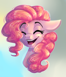 Size: 1024x1210 | Tagged: dead source, safe, artist:freckleplant, part of a set, character:pinkie pie, species:earth pony, species:pony, abstract background, bust, commission, cute, diapinkes, eyes closed, female, floppy ears, mare, open mouth, portrait, smiling, solo