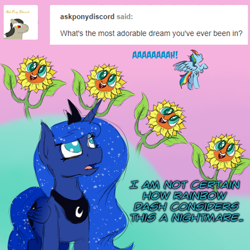 Size: 800x800 | Tagged: safe, artist:timid tracks, character:princess luna, character:rainbow dash, episode:do princesses dream of magic sheep?, ask, dream, flower, nightmare, nightmare sunflower, singing, sunflower, tumblr