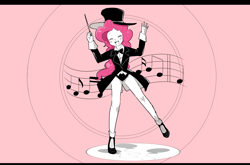Size: 3632x2400 | Tagged: safe, artist:gyunyu, character:pinkie pie, my little pony:equestria girls, baton, bow tie, clothing, conductor's baton, cutie mark, eyes closed, female, hat, looking at you, music notes, shoes, simple background, suit, top hat