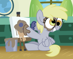 Size: 3000x2400 | Tagged: safe, artist:coaldustthestrange, character:derpy hooves, bucket, canvas, female, filly, filly derpy, globe, paint, ponyville schoolhouse, window, younger