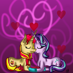 Size: 1536x1536 | Tagged: safe, artist:commandereclipse, character:starlight glimmer, character:sunset shimmer, species:pony, species:unicorn, ship:shimmerglimmer, clothing, duo, eyes closed, female, heart, kissing, lesbian, mare, shipping, socks