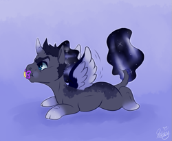 Size: 623x514 | Tagged: safe, artist:qatsby, oc, oc:somber moon, parent:king sombra, parent:princess luna, parents:lumbra, species:alicorn, species:classical unicorn, species:pony, alicorn oc, baby, baby pony, cloven hooves, colt, ethereal mane, galaxy mane, gradient hooves, leonine tail, male, offspring, pacifier, solo, spread wings, wings