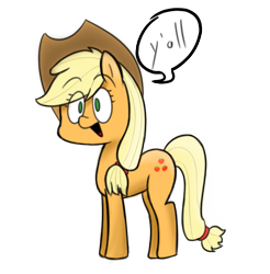 Size: 875x891 | Tagged: safe, artist:icywindthepony, character:applejack, species:earth pony, species:pony, applejack's hat, clothing, cowboy hat, dialogue, female, flanderization, hat, mare, simple background, solo, speech bubble, transparent background, vulgar description, y'all