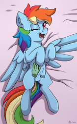 Size: 2000x3188 | Tagged: safe, anonymous artist, artist:php80, character:rainbow dash, species:human, bellyrubs, colored pupils, cute, dashabetes, disembodied hand, ear fluff, female, hand, implied anon, on back, solo, spread wings, wings