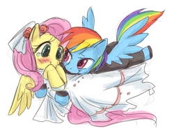 Size: 700x525 | Tagged: safe, artist:yubi, character:fluttershy, character:rainbow dash, species:pegasus, species:pony, ship:flutterdash, blushing, bridal carry, carrying, clothing, dress, female, lesbian, mare, shipping, smiling, wedding