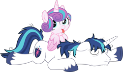 Size: 2500x1469 | Tagged: safe, artist:bluetech, artist:paganmuffin, edit, editor:slayerbvc, character:princess flurry heart, character:shining armor, species:alicorn, species:pony, species:unicorn, baby, baby pony, cute, father and daughter, female, filly, flurrybetes, foal, looking back, looking up, male, messy mane, ponies riding ponies, simple background, sleeping, stallion, stubble, tired, tongue out, transparent background, vector, vector edit
