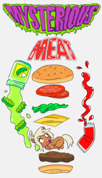 Size: 2000x3500 | Tagged: safe, alternate version, artist:skeletonburglar, oc, oc only, oc:honey cream, species:pony, bread, burger, cheese, design, food, hamburger, imminent vore, ketchup, lettuce, looking up, meat, merchandise, pickles, sandwich, sauce, scared, screaming, shirt design, simple background, tomato, typography, white background