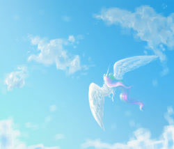 Size: 2523x2162 | Tagged: safe, artist:kimsteinandother, character:princess celestia, species:alicorn, species:pony, cloud, female, flying, rear view, sky, solo