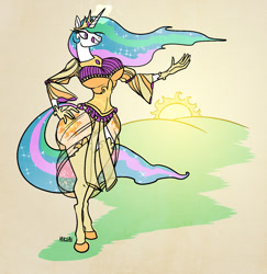 Size: 1200x1236 | Tagged: safe, artist:ursa, character:princess celestia, species:alicorn, species:anthro, species:pony, species:unguligrade anthro, big breasts, breasts, busty princess celestia, clothing, crown, cutie mark, day, disproportional anatomy, ethereal mane, eyelashes, female, flowing mane, flowing tail, huge breasts, jewelry, mare, morning, multicolored hair, praise the sun, purple eyes, regalia, royalty, sexy, sparkles, stupid sexy celestia, sun, sunbutt, sunrise, tiara, wide hips, wingless, wingless anthro