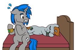 Size: 1200x800 | Tagged: safe, artist:king-koder, oc, oc only, oc:homage, oc:littlepip, species:pony, species:unicorn, fallout equestria, bed, female, floppy ears, gritted teeth, male, mare, pipbuck, rule 63, simple background, sleeping, stallion, transparent background