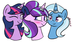 Size: 2400x1400 | Tagged: safe, artist:rarityforever, edit, character:starlight glimmer, character:trixie, character:twilight sparkle, species:pony, species:unicorn, ship:startrix, ship:twistarlight, ship:twixie, blushing, counterparts, cropped, cutie mark, female, horn ring, lesbian, lovewins, magical trio, one eye closed, polyamory, shipping, simple background, smiling, transparent background, twilight's counterparts, twixstar, wink
