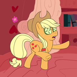 Size: 1200x1200 | Tagged: safe, artist:pavlovzdawg, character:applejack, species:pony, episode:look before you sleep, g4, my little pony: friendship is magic, cucumber, female, food, frog (hoof), golden oaks library, heart, silly, silly pony, solo, underhoof, who's a silly pony