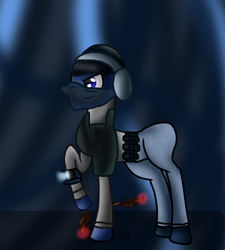 Size: 1257x1397 | Tagged: safe, artist:commandereclipse, species:earth pony, species:pony, belt, clothing, feather, female, front hoof tickling, headphones, hoodie, hoof tickling, iq, mare, mask, ponified, rainbow six, rainbow six siege, solo, tickling