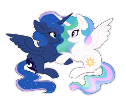 Size: 1280x1024 | Tagged: safe, artist:pinkamenascratch, character:princess celestia, character:princess luna, species:alicorn, species:pony, ship:princest, chibi, cute, ear fluff, eye contact, female, incest, lesbian, looking at each other, mare, royal sisters, shipping, simple background, sisters, smiling, spread wings, transparent background, wings
