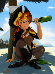 Size: 1536x2048 | Tagged: safe, artist:qzygugu, character:sunset shimmer, my little pony:equestria girls, alcohol, beach, boots, bottle, clothing, female, hat, pants, pirate, pirate hat, rum, shoes, smiling, solo, sword, tree, weapon
