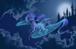 Size: 2657x1716 | Tagged: safe, artist:kimsteinandother, character:princess luna, species:pony, canterlot, curved horn, female, flying, glowing wings, mare, missing cutie mark, moon, night, solo