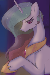 Size: 2000x3000 | Tagged: safe, artist:dilandau203, character:princess celestia, species:alicorn, species:pony, female, high res, horn, jewel, looking down, mare, melancholy, profile, raised hoof, sad, solo, wings