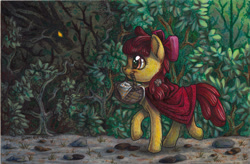 Size: 800x525 | Tagged: safe, artist:dany-the-hell-fox, character:apple bloom, species:earth pony, species:pony, basket, cape, clothing, female, filly, forest, little red riding hood, mare, mouth hold, profile, red cape, smiling, solo, timber wolf, traditional art, walking