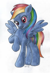 Size: 700x1007 | Tagged: safe, artist:andpie, character:rainbow dash, species:pegasus, species:pony, female, looking at you, mare, open mouth, raised hoof, signature, simple background, solo, traditional art, white background