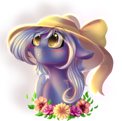Size: 1024x1014 | Tagged: dead source, safe, artist:freckleplant, oc, oc only, species:pegasus, species:pony, abstract background, blushing, bust, chest fluff, clothing, eye clipping through hair, female, floppy ears, flower, hat, mare, portrait, solo, sun hat, ych result