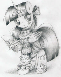 Size: 1251x1576 | Tagged: safe, artist:nika191319, character:twilight sparkle, character:twilight sparkle (alicorn), species:alicorn, species:pony, clothing, female, grayscale, mare, monochrome, sketch, solo, traditional art