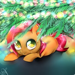 Size: 1400x1400 | Tagged: safe, artist:daughter-of-fantasy, character:babs seed, adorababs, christmas, christmas tree, cute, looking at you, prone, smiling, tree