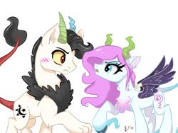 Size: 1024x768 | Tagged: safe, artist:dreamscapevalley, oc, oc:prince illusion, oc:raylah, parent:discord, parent:princess celestia, parents:dislestia, kilalaverse, blushing, brother and sister, chest fluff, duo, female, horns, hybrid, implied incest, implied straight, interdimensional siblings, interspecies offspring, male, offspring, simple background, white background