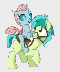 Size: 909x1080 | Tagged: safe, artist:foal, character:ocellus, character:sandbar, species:changeling, species:earth pony, species:pony, species:reformed changeling, ship:ocelbar, episode:school daze, g4, my little pony: friendship is magic, bridle, changelings riding ponies, cute, diaocelles, duo, female, gray background, horses doing horse things, male, raised hoof, reins, riding, saddle, sandabetes, shipping, simple background, stallion, straight, tack