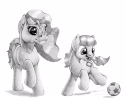 Size: 3144x2484 | Tagged: safe, artist:stallionslaughter, oc, oc only, oc:tablett, species:pony, alien, duo, female, filly, football, grayscale, monochrome, pencil drawing, playing, smiling, sports, traditional art