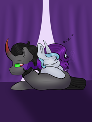 Size: 2100x2800 | Tagged: safe, artist:itssopanda, character:king sombra, oc, oc:crystal dawn, species:pony, species:unicorn, canon x oc, curved horn, dawnbra, female, high res, male, mare, sleeping, straight, zzz