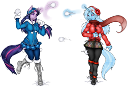 Size: 1086x745 | Tagged: safe, artist:niisbbb, character:trixie, character:twilight sparkle, species:anthro, species:unguligrade anthro, clothing, hoof boots, snow, snowball fight
