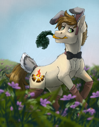 Size: 1111x1429 | Tagged: safe, artist:marinavermilion, oc, oc only, species:pony, bow tie, bunny ears, carrot, clothing, easter, fake ears, fake tail, food, grass, holiday, male, meadow, mouth hold, socks, solo, stallion, unknown pony