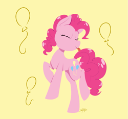 Size: 1243x1160 | Tagged: safe, artist:imaplatypus, part of a set, character:pinkie pie, species:earth pony, species:pony, balloon, cutie mark background, eyes closed, female, head turn, mare, raised hoof, simple background, smiling, solo, tongue out, yellow background