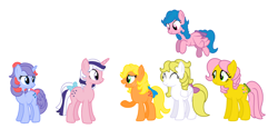 Size: 1992x924 | Tagged: safe, artist:yaya54320, base used, character:applejack (g1), character:firefly, character:posey, character:sparkler (g1), character:surprise, species:earth pony, species:pegasus, species:pony, species:unicorn, g1, bow, female, flying, g1 six, g1 to g4, generation leap, mare, simple background, tail bow, white background