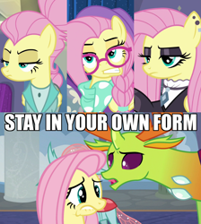 Size: 2048x2282 | Tagged: safe, artist:gratlofatic, edit, edited screencap, screencap, character:fluttershy, character:ocellus, character:thorax, species:changeling, species:pegasus, species:pony, species:reformed changeling, episode:fake it 'til you make it, episode:school daze, g4, my little pony: friendship is magic, caption, female, fluttergoth, frown, goth, hipstershy, lip bite, male, mare, severeshy